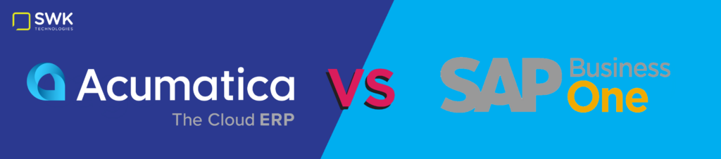 A rectangular banner showing the acumatica logo versus the sap business one logo on a dark blue background and a sky blue background, respectively, with a "VS" symbol in-between