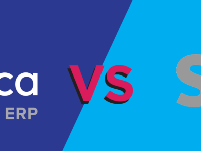 A rectangular banner showing the acumatica logo versus the sap business one logo on a dark blue background and a sky blue background, respectively, with a "VS" symbol in-between