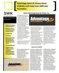 While browsing NetSuite and other systems with web-based browsers, Advantage Sport & Fitness came across Acumatica and decided to reach out directly to the publisher. Acumatica referred ASF to SWK Technologies as the best partner to work with.