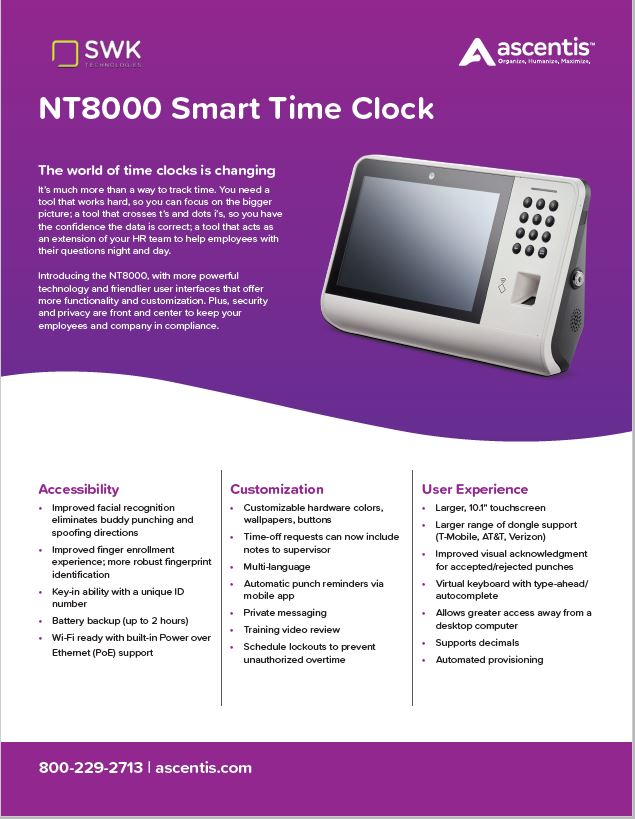 The NT8000 smart time clock works hard to help your organization control efficiency, cost and ensure compliance.
