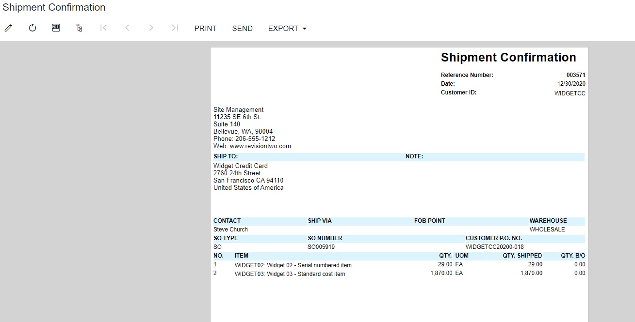 Acumatica shipping confirmation report
