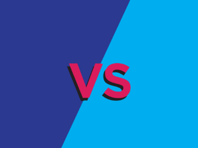 Banner image split diagonally between a dark navy blue background on the left and a bright sky blue background on the right, each displaying the green Sage logo in the same style, with a bold red "vs" in the center where the two sections meet; the SWK Technologies logo appears in the upper left corner.