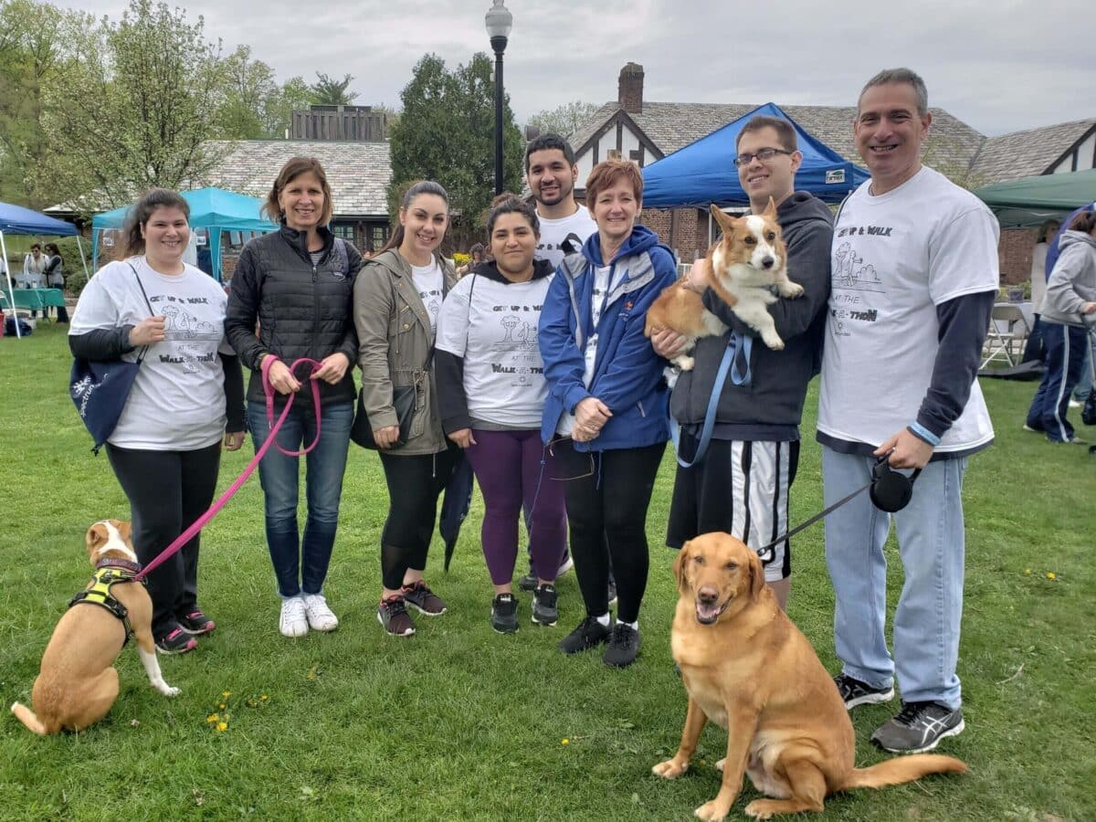 A group of people posing for a photo with their dogs.