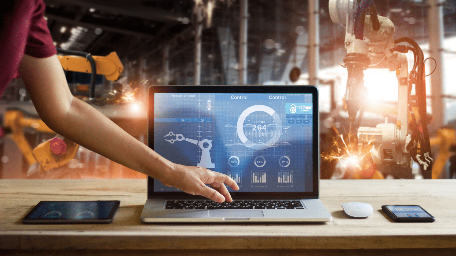 A woman is pointing at a laptop screen in front of a factory.