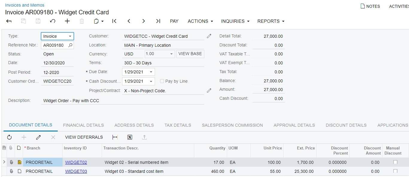 Acumatica AR invoice