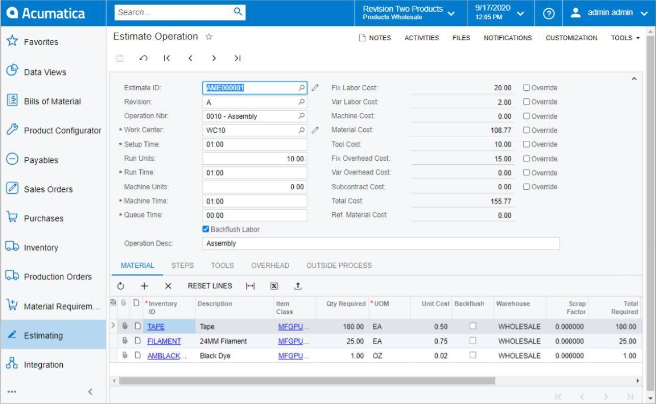 acumatica manufacturing estimate operation