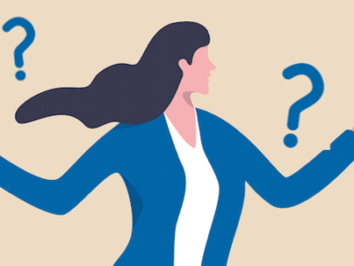 Illustration of a woman with long dark hair in a blue blazer pointing left to the words "Cloud Hosting" and right to "IaaS," with blue question marks around her head.