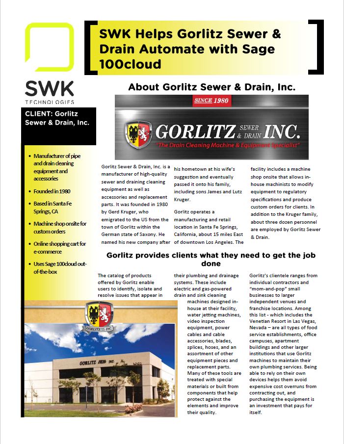 SWK helps Gorlitz Sewer & Drain automate with Sage 100cloud.