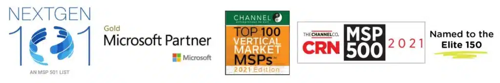 Logos for Nextgen, Gold Microsoft Partner, Top 100 MSPs, CRN MSP 500.