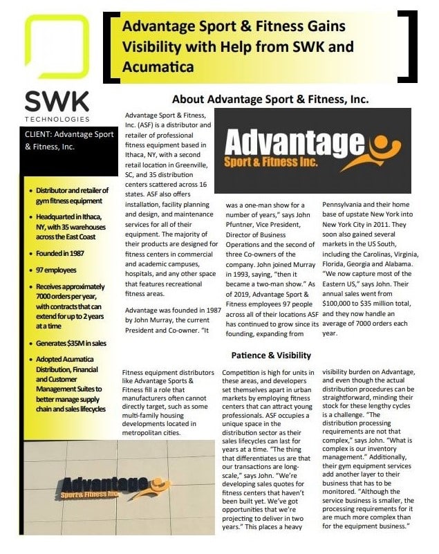Advantage sport & fitness gains visibility with help from SWK & Acumatica.