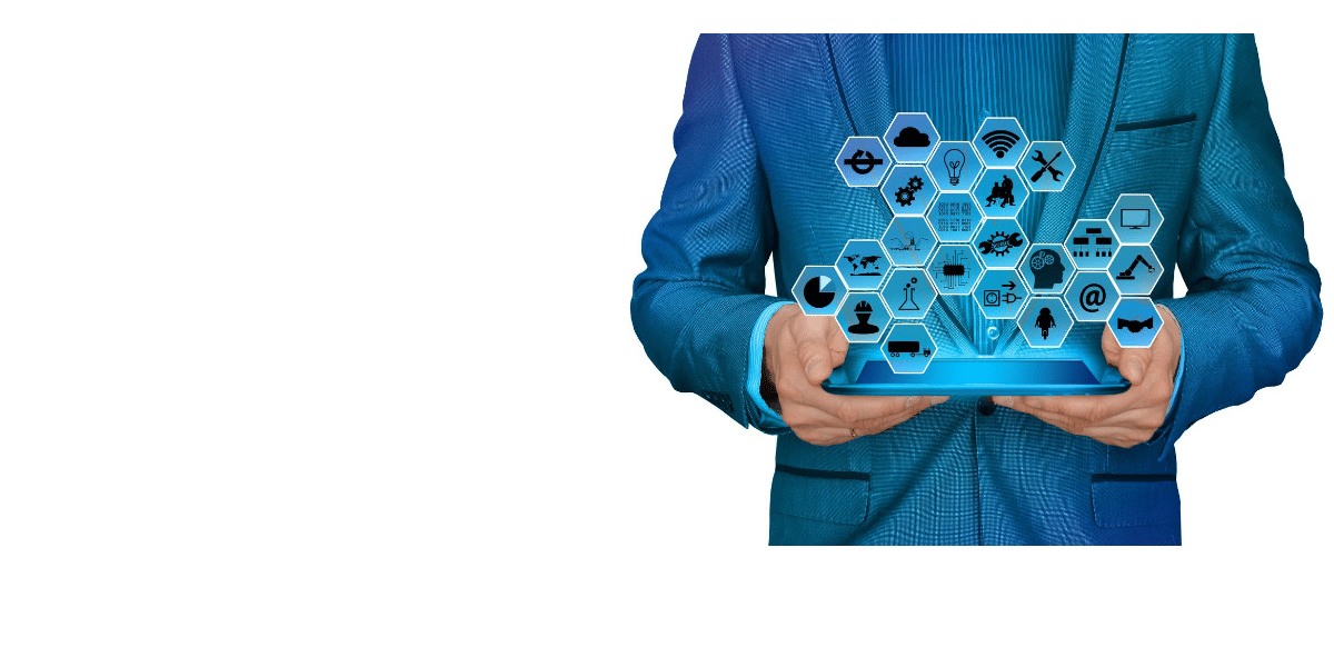 A man in a suit holding a tablet with hexagons on it.