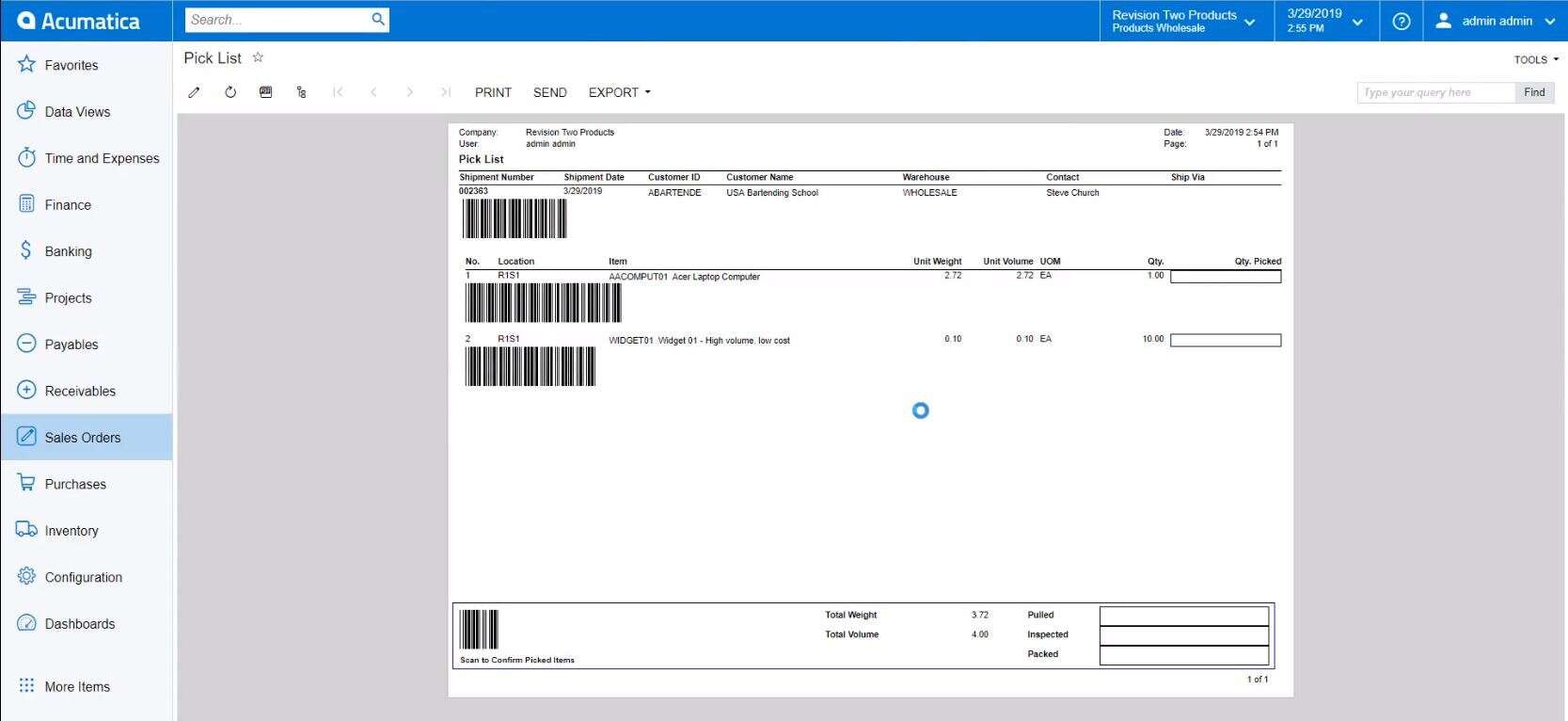 Acumatica WMS Pick List