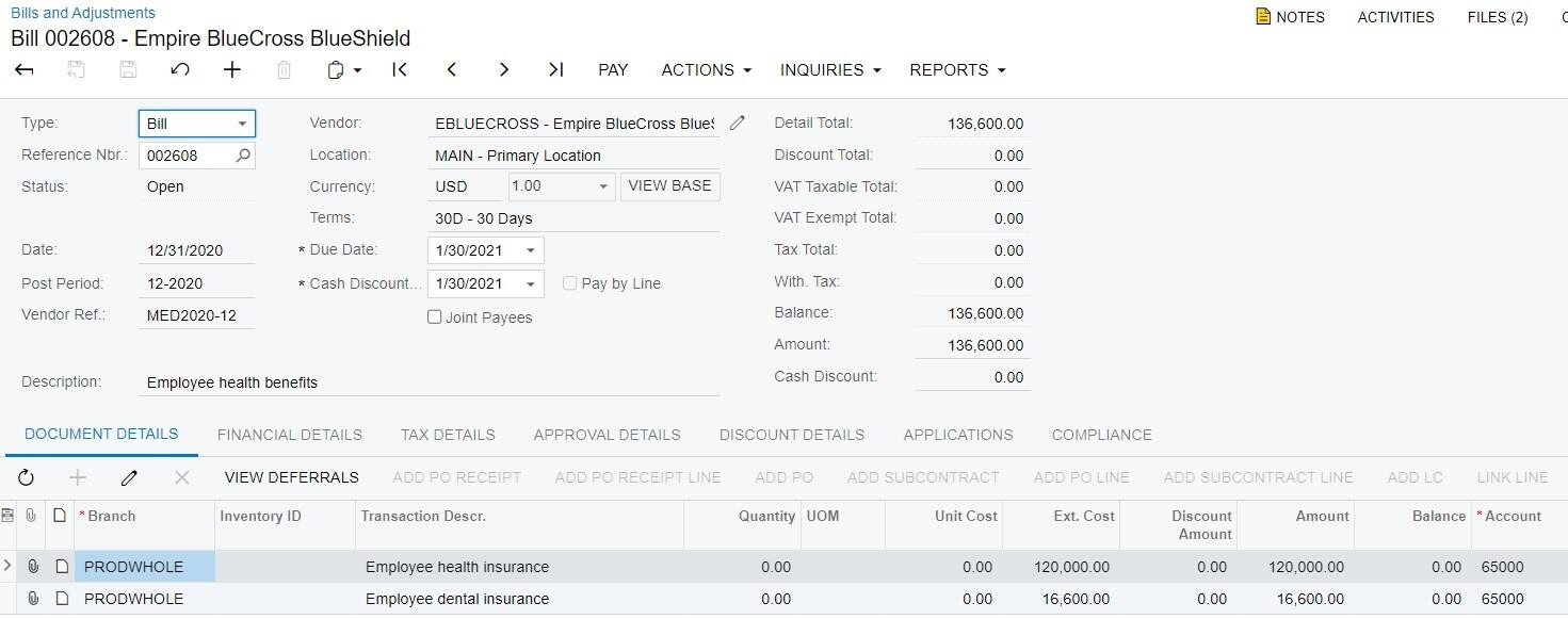 Acumatica AP bill entry