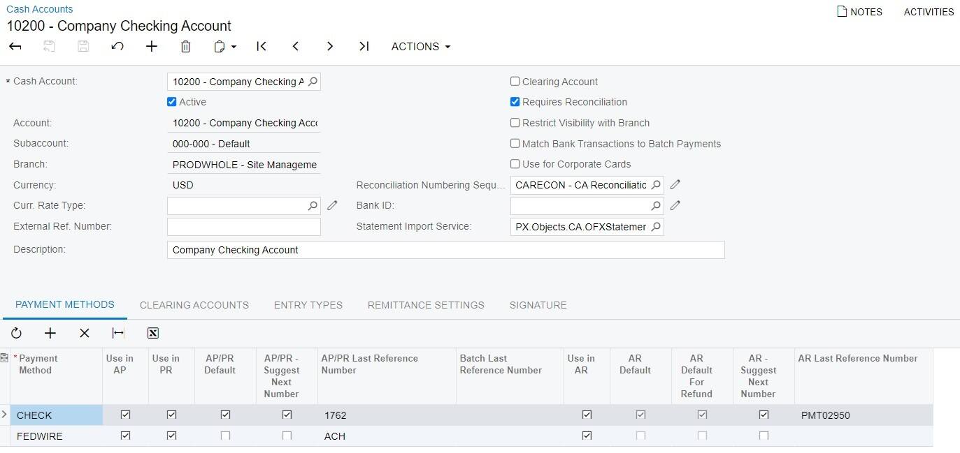 Acumatica cash accounts