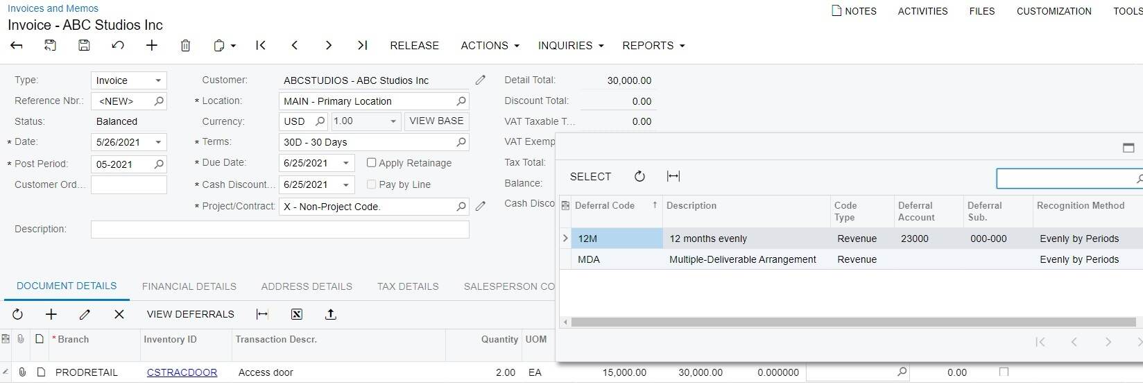 deferred revenue on invoice