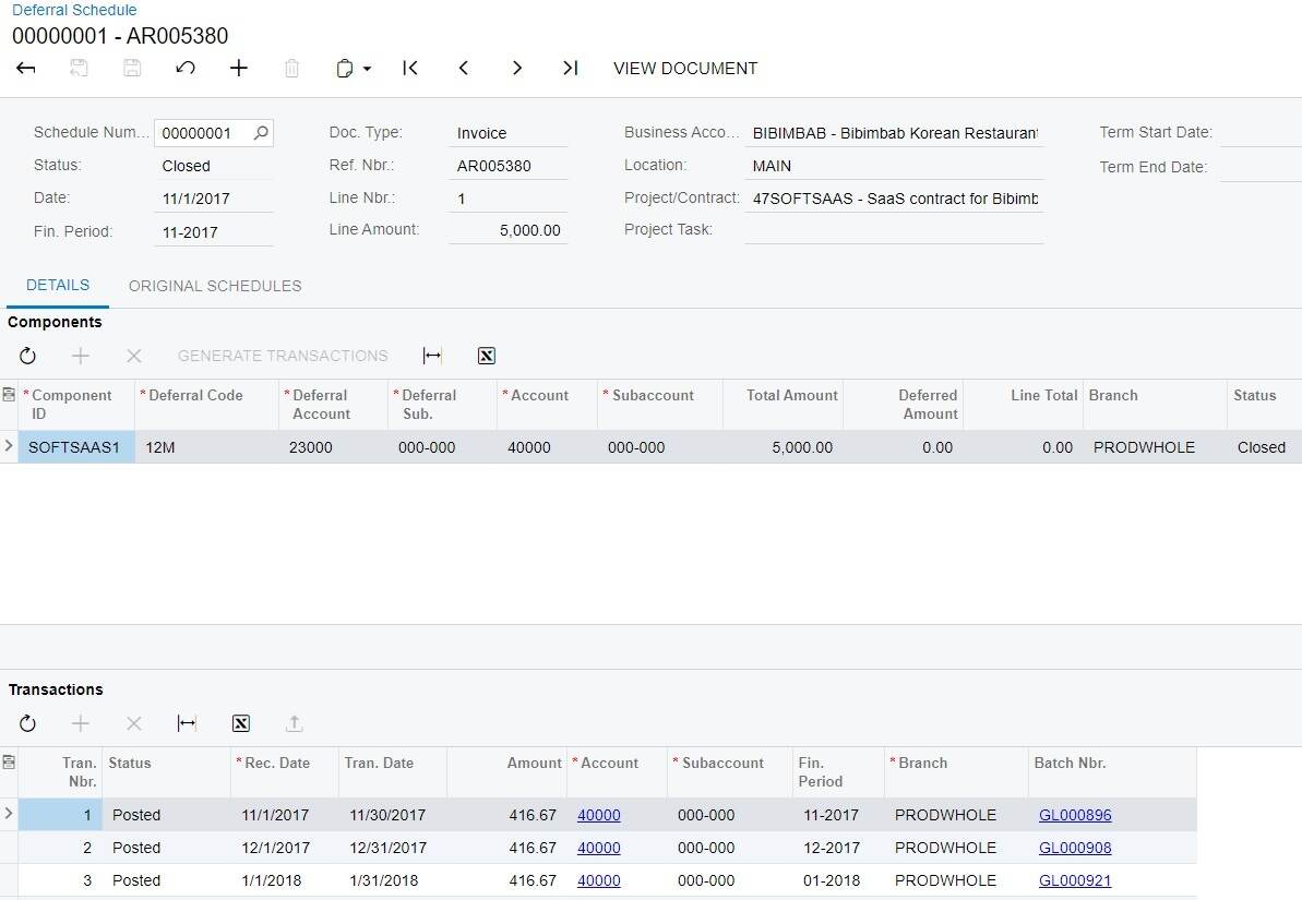 Acumatica deferred revenue schedule