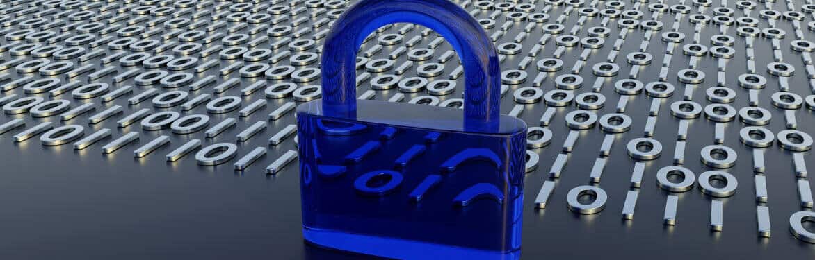 A blue padlock on a background of binary numbers.