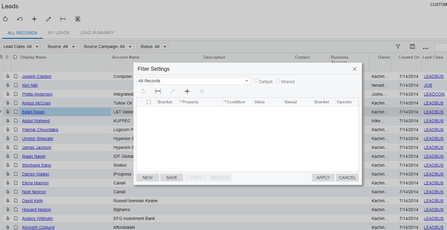 Acumatica CRM filter leads