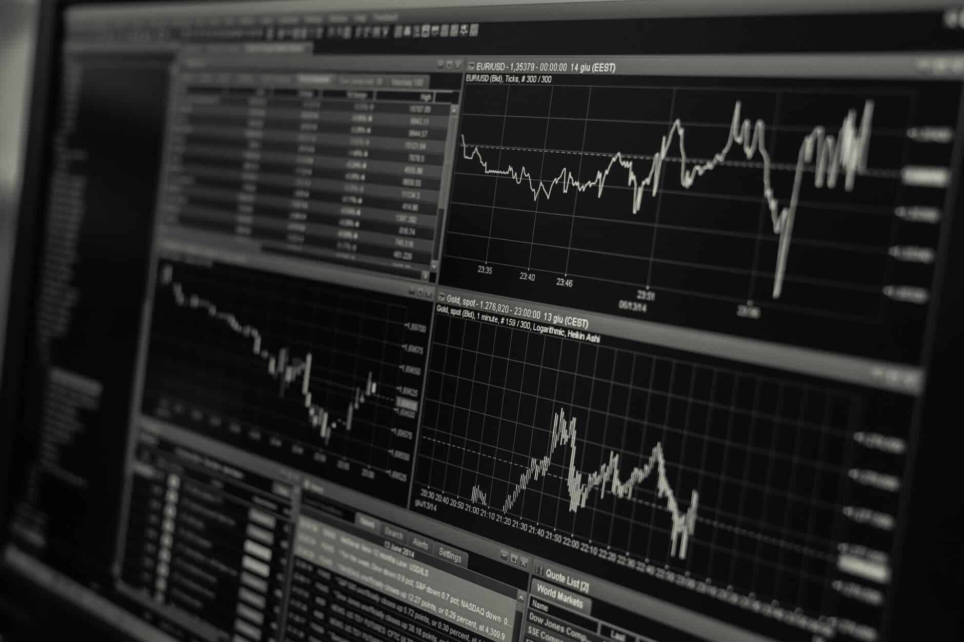 A black and white image of a computer screen showing stock charts.