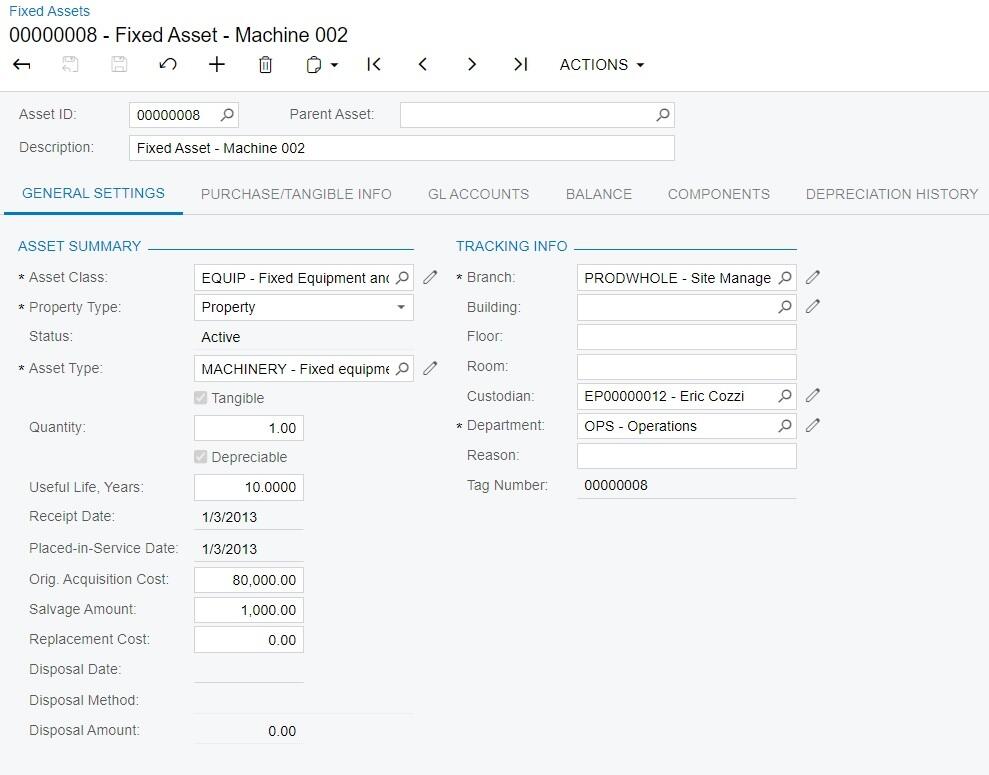 Acumatica fixed asset entry