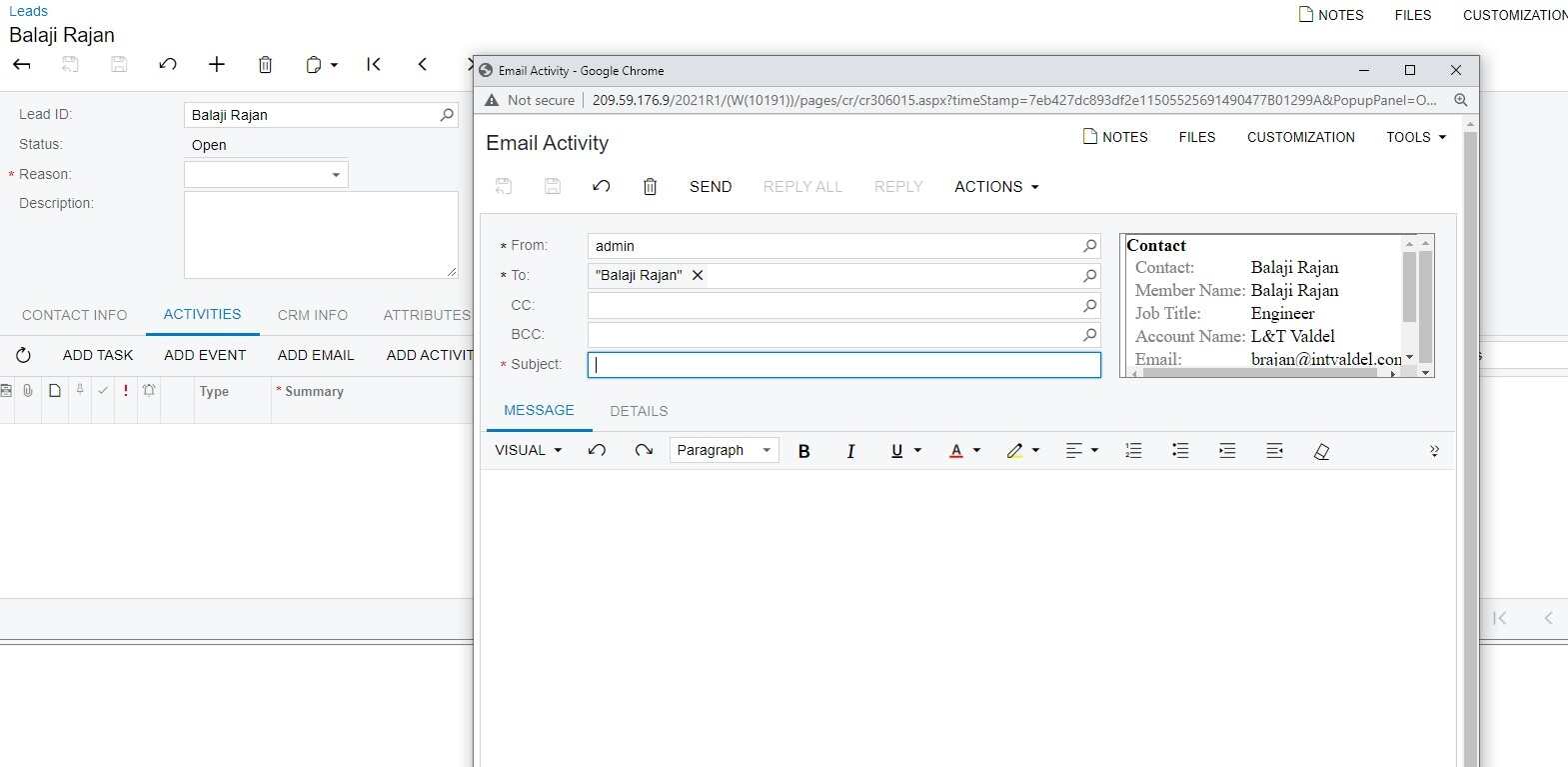Acumatica CRM lead activities and actions