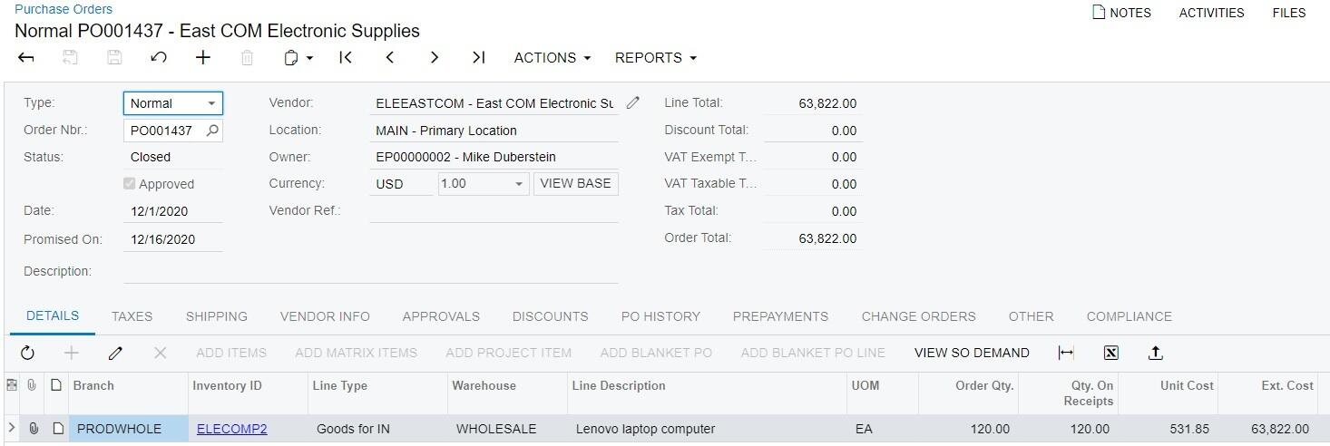 Acumatica purchase orders POs