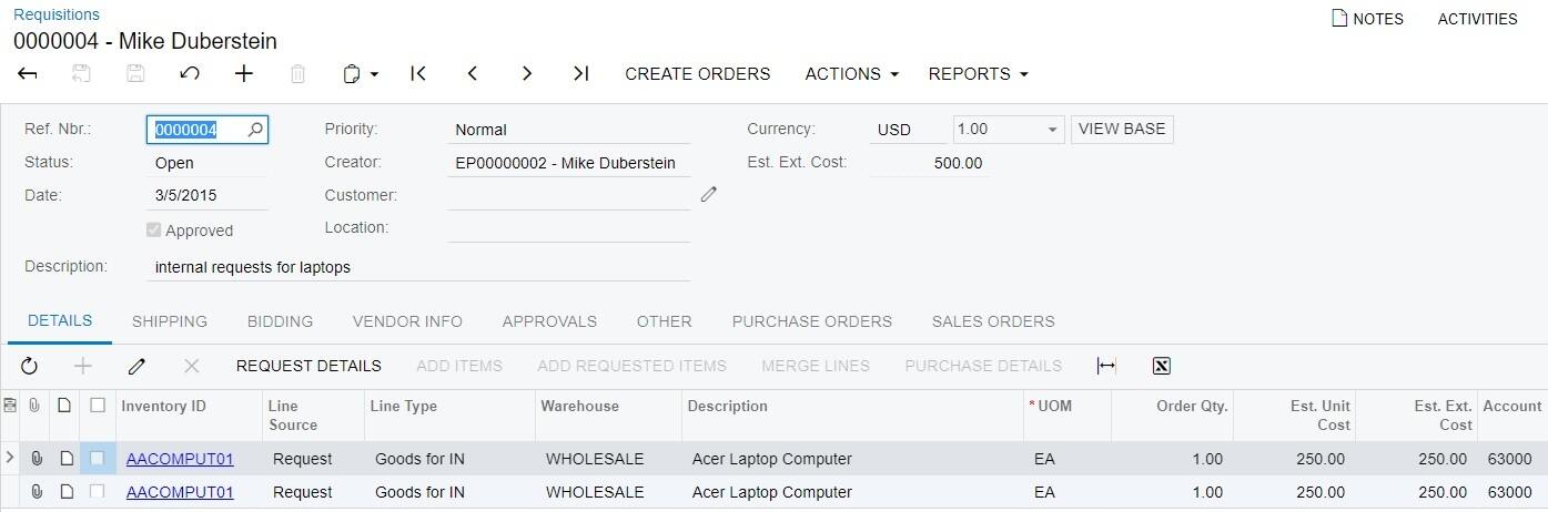 customer requisitions Acumatica Distribution