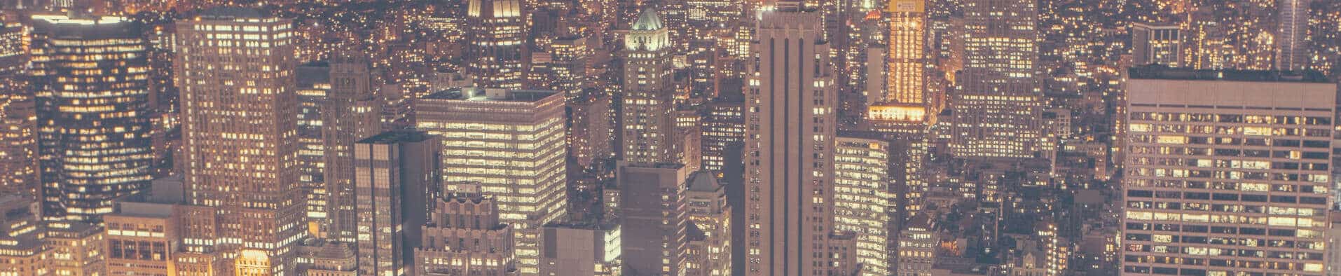 An aerial view of a city at night.