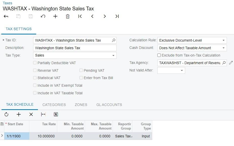 Acumatica tax configuration