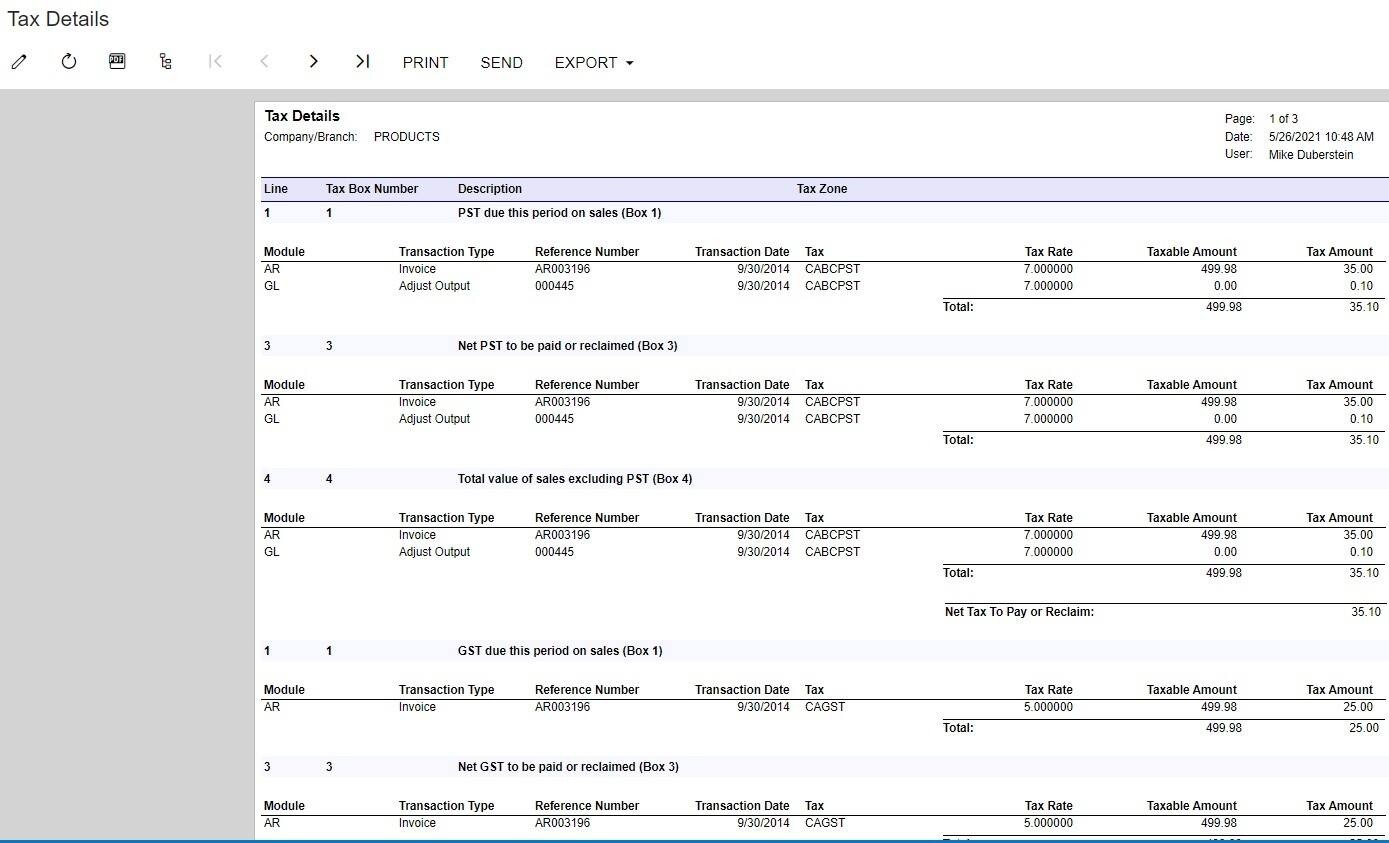 Acumatica tax report accounting module