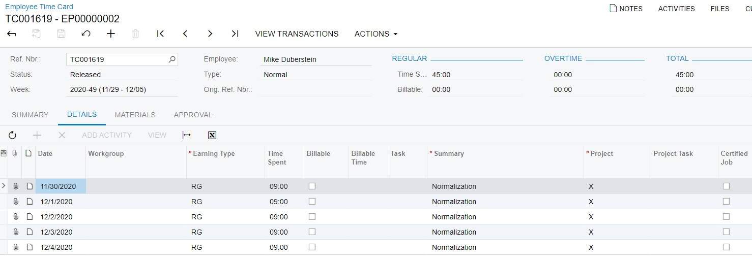 Acumatica timesheet entry