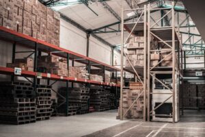 A warehouse full of boxes and pallets.