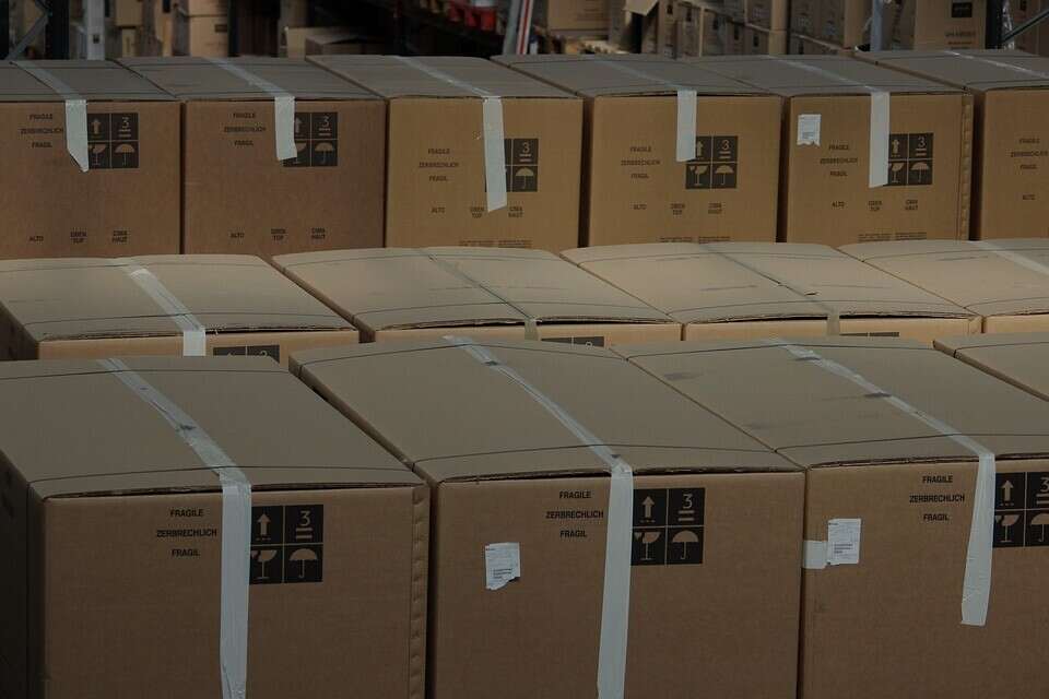 Many boxes in a warehouse.
