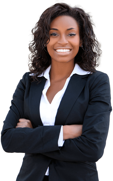 A woman in a business suit with her arms crossed.