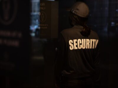 A security guard standing in front of a door.