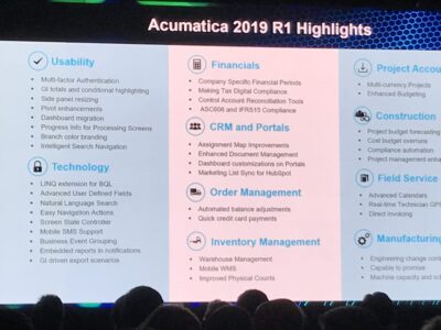A screen showing the Acumaticas 2019 r highlights.