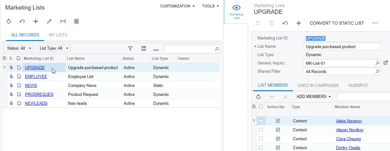 Acumatica 2022 R2 Marketing List Side Panel