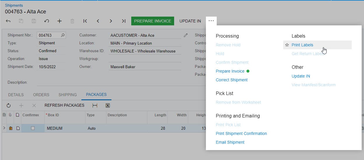 Acumatica 2022 R2 Print Carrier Label