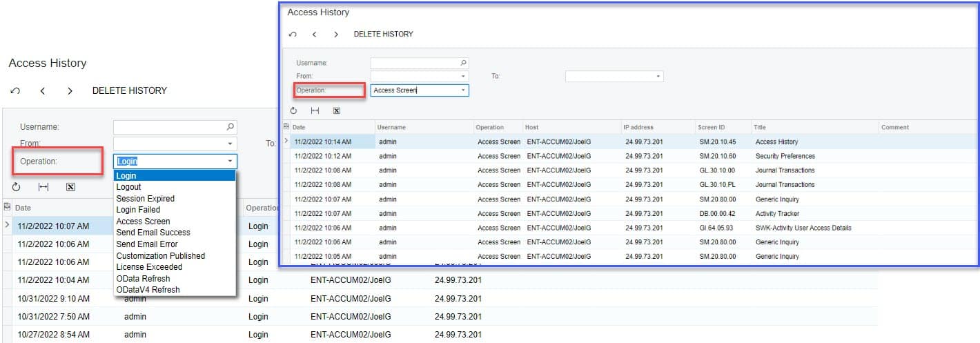 Acumatica Access History