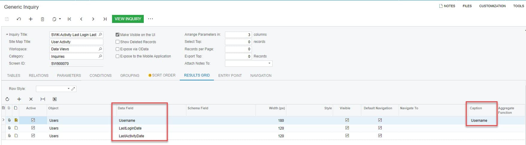 Acumatica Activity Last Login Last Activity GI