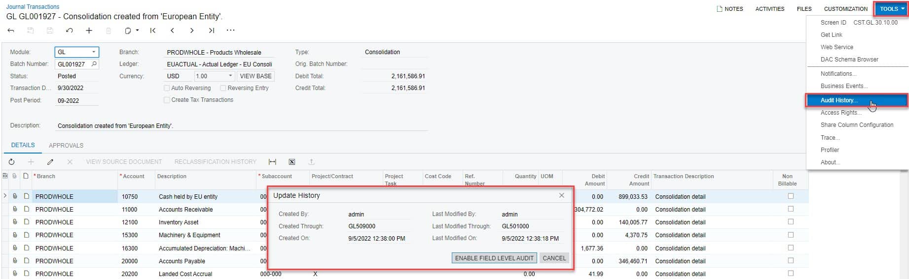 Acumatica Screen Audit History