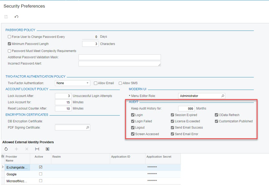 Acumatica Security Preferences Audit Settings