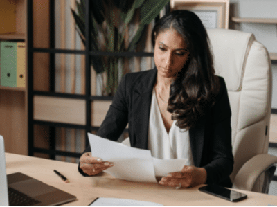 A woman in a business suit sitting at a desk with a laptop.