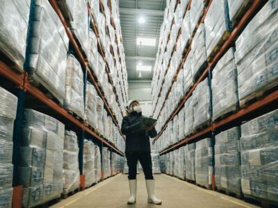 A worker in a warehouse holding a tablet.