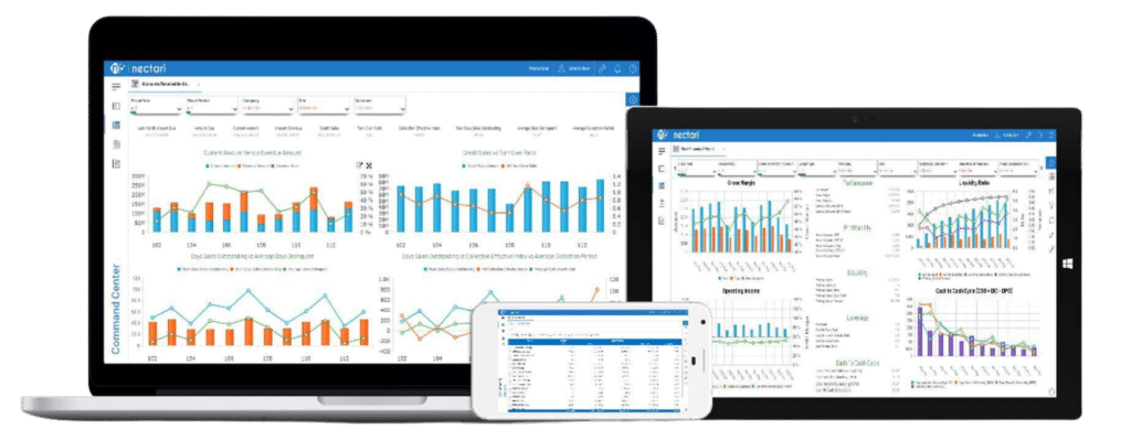 Two laptops and a tablet displaying business dashboards.