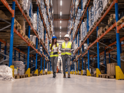 Two people walking through a warehouse.