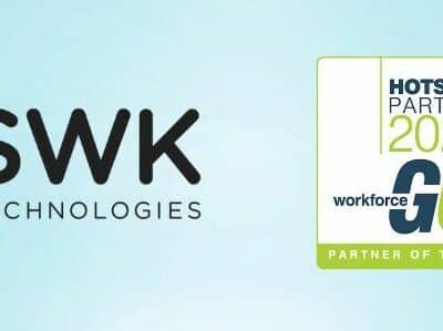 The logo for SWK technologies on a blue background.