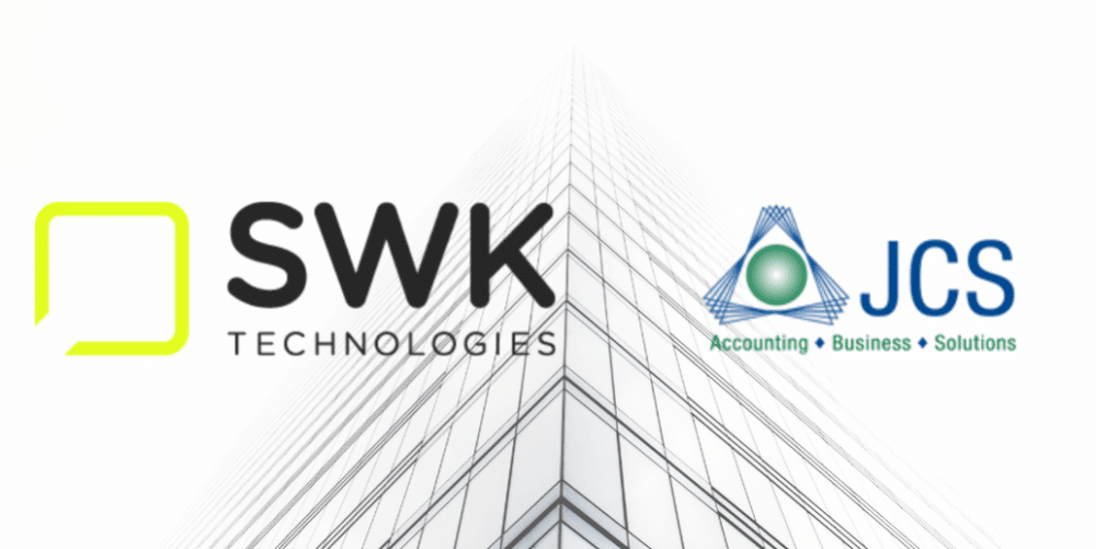 image of SWK Technologies and JCS Computer Resource Corporation logos over background of building to signify acquisition and merger