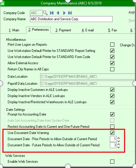 The recent release of Sage 100cloud, Version 2019, Product Update 2 has another new feature that will benefit all Sage 100 subscription model users. In Library Master, Company Maintenance there is a new option to enable “Use Document Date Warning”.