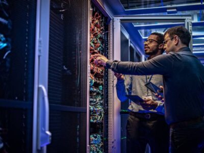 Two men working in a server room.